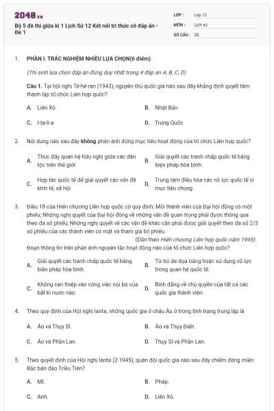 Bộ 5 đề thi giữa kì 1 Lịch Sử 12 Kết nối tri thức có đáp án - Đề 1