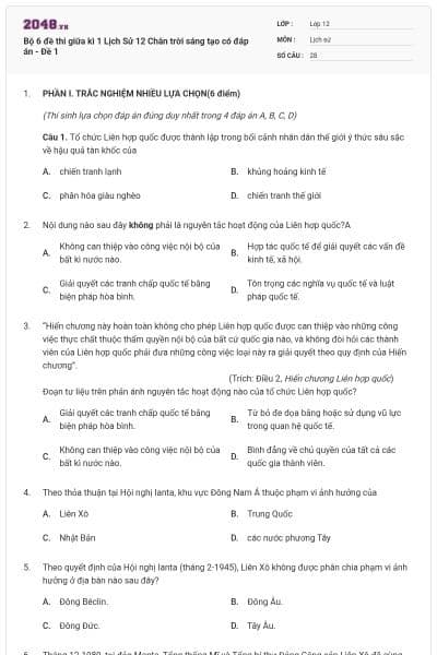 Bộ 6 đề thi giữa kì 1 Lịch Sử 12 Chân trời sáng tạo có đáp án - Đề 1
