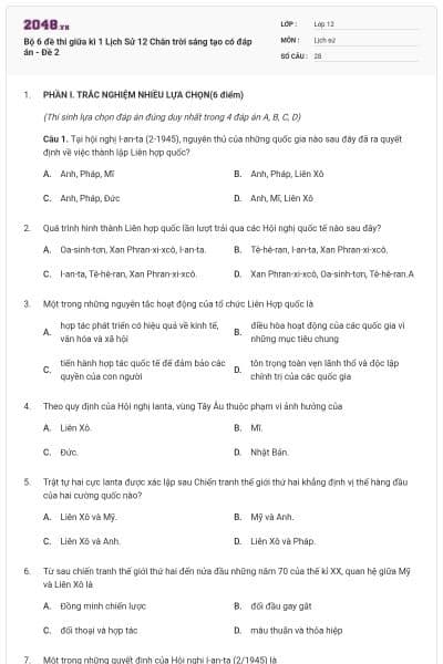 Bộ 6 đề thi giữa kì 1 Lịch Sử 12 Chân trời sáng tạo có đáp án - Đề 2