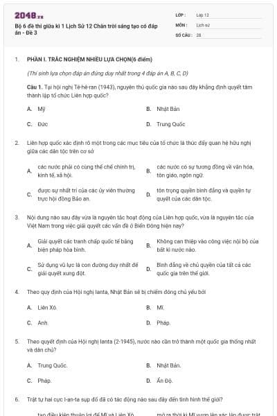 Bộ 6 đề thi giữa kì 1 Lịch Sử 12 Chân trời sáng tạo có đáp án - Đề 3
