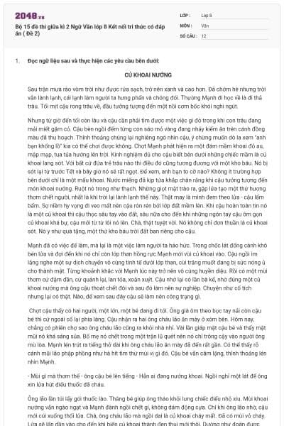 Bộ 15 đề thi giữa kì 2 Ngữ Văn lớp 8 Kết nối tri thức có đáp án ( Đề 2)