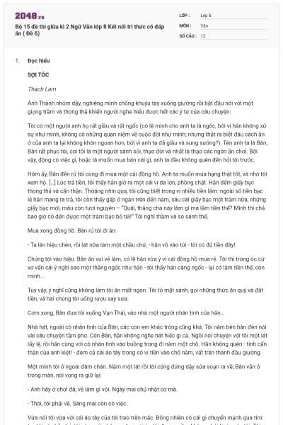 Bộ 15 đề thi giữa kì 2 Ngữ Văn lớp 8 Kết nối tri thức có đáp án ( Đề 6)