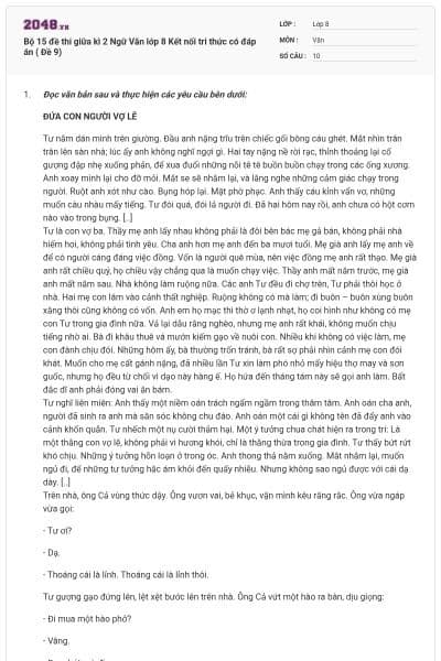 Bộ 15 đề thi giữa kì 2 Ngữ Văn lớp 8 Kết nối tri thức có đáp án ( Đề 9)