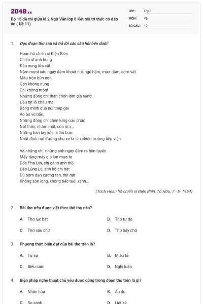 Bộ 15 đề thi giữa kì 2 Ngữ Văn lớp 8 Kết nối tri thức có đáp án ( Đề 11)