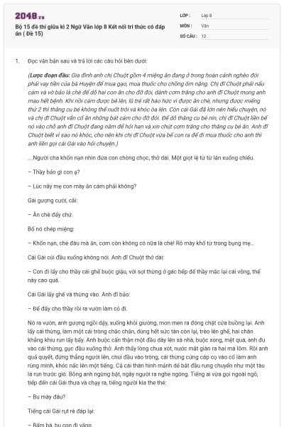 Bộ 15 đề thi giữa kì 2 Ngữ Văn lớp 8 Kết nối tri thức có đáp án ( Đề 15)