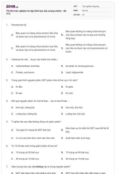Thi thử trắc nghiệm ôn tập Sinh học đại cương online - Đề #13