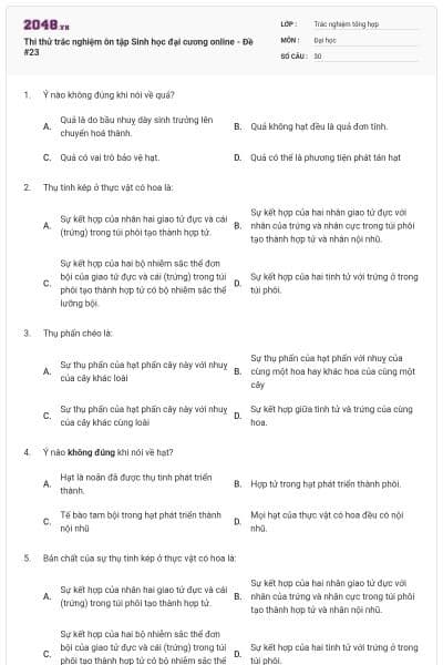 Thi thử trắc nghiệm ôn tập Sinh học đại cương online - Đề #23