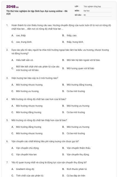 Thi thử trắc nghiệm ôn tập Sinh học đại cương online - Đề #29