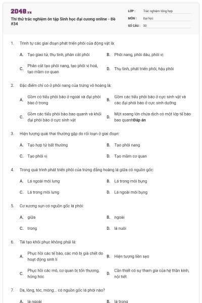 Thi thử trắc nghiệm ôn tập Sinh học đại cương online - Đề #34
