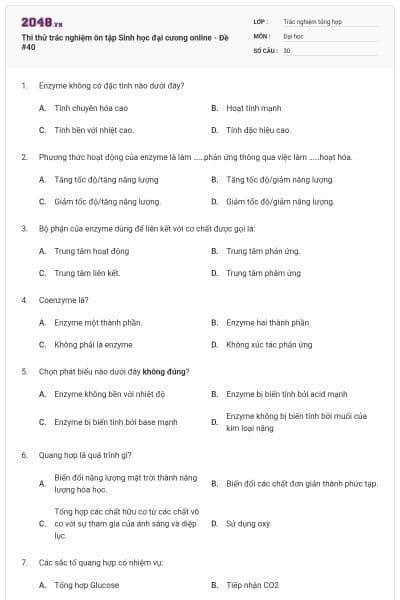 Thi thử trắc nghiệm ôn tập Sinh học đại cương online - Đề #40