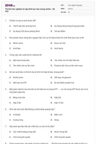 Thi thử trắc nghiệm ôn tập Sinh học đại cương online - Đề #42