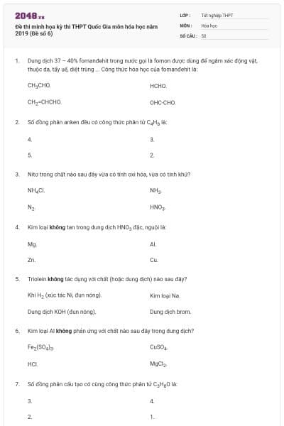 Đề thi minh họa kỳ thi THPT Quốc Gia môn hóa học năm 2019 (Đề số 6)