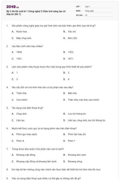 Bộ 2 đề thi cuối kì 1 Công nghệ 5 Chân trời sáng tạo có đáp án (Đề 1)