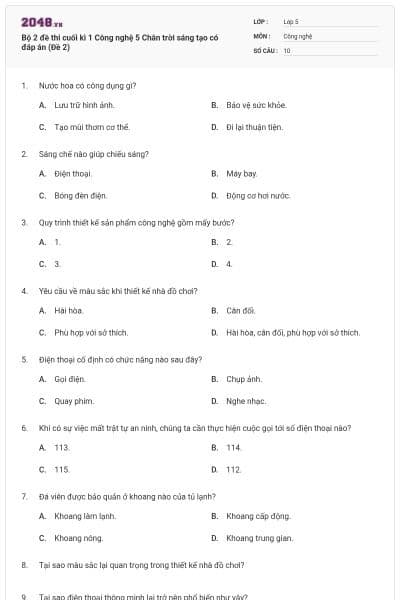 Bộ 2 đề thi cuối kì 1 Công nghệ 5 Chân trời sáng tạo có đáp án (Đề 2)