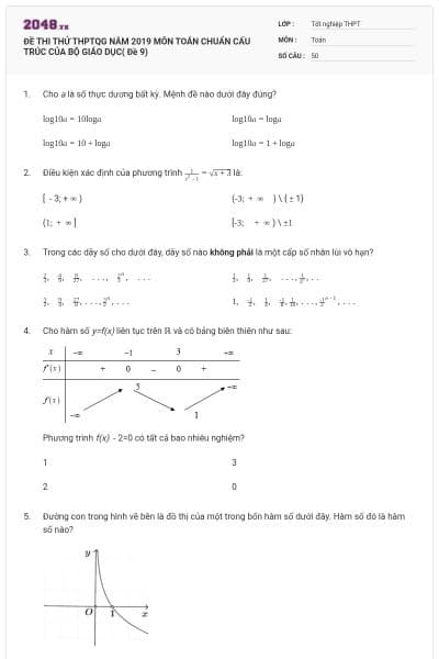 ĐỀ THI THỬ THPTQG NĂM 2019 MÔN TOÁN CHUẨN CẤU TRÚC CỦA BỘ GIÁO DỤC( Đề 9)