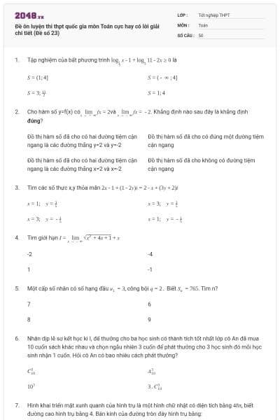 Đề ôn luyện thi thpt quốc gia môn Toán cực hay có lời giải chi tiết (Đề số 23)