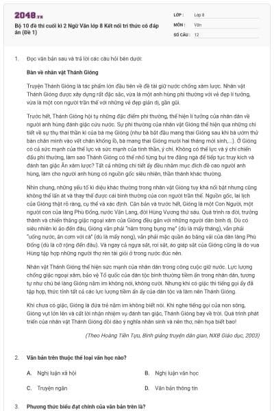 Bộ 10 đề thi cuối kì 2 Ngữ Văn lớp 8 Kết nối tri thức có đáp án (Đề 1)