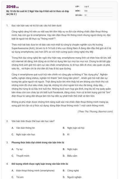Bộ 10 đề thi cuối kì 2 Ngữ Văn lớp 8 Kết nối tri thức có đáp án( Đề 3 )