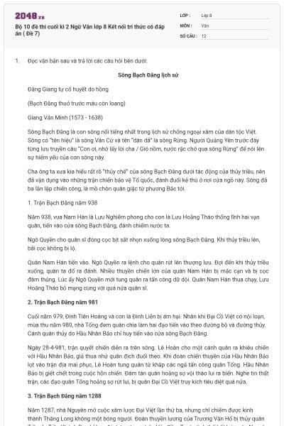 Bộ 10 đề thi cuối kì 2 Ngữ Văn lớp 8 Kết nối tri thức có đáp án ( Đề 7)