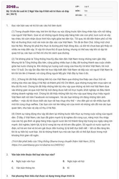 Bộ 10 đề thi cuối kì 2 Ngữ Văn lớp 8 Kết nối tri thức có đáp án ( Đề 9)