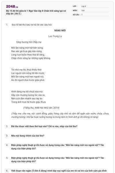 Bộ 15 đề thi giữa kì 1 Ngữ Văn lớp 8 Chân trời sáng tạo có đáp án ( Đề 5 )