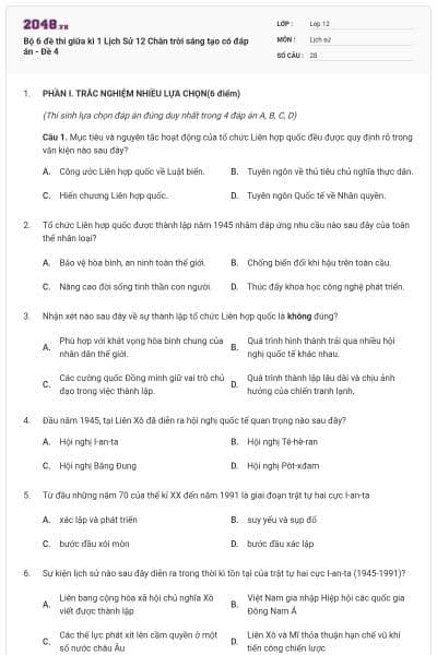 Bộ 6 đề thi giữa kì 1 Lịch Sử 12 Chân trời sáng tạo có đáp án - Đề 4