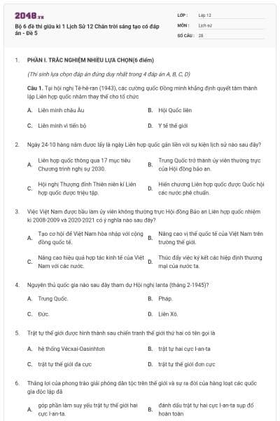 Bộ 6 đề thi giữa kì 1 Lịch Sử 12 Chân trời sáng tạo có đáp án - Đề 5