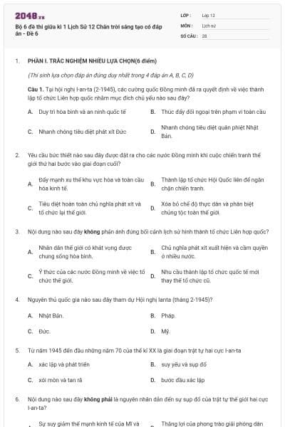 Bộ 6 đề thi giữa kì 1 Lịch Sử 12 Chân trời sáng tạo có đáp án - Đề 6