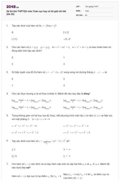 Đề thi thử THPTQG môn Toán cực hay có lời giải chi tiết (Đề 28)
