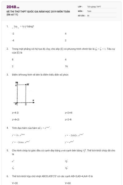 ĐỀ THI THỬ THPT QUỐC GIA NĂM HỌC 2019 MÔN TOÁN (Đề số 11)