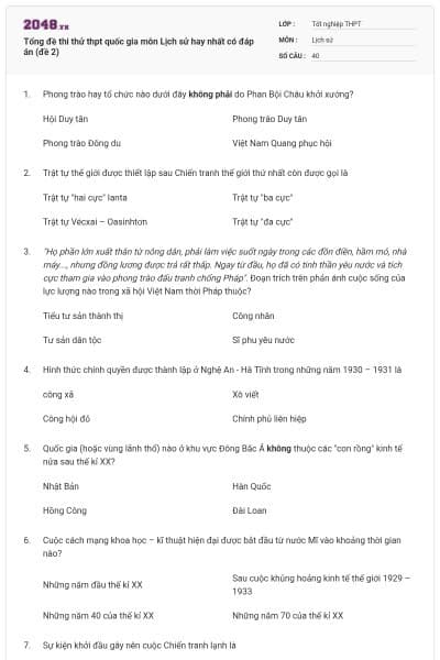 Tổng đề thi thử thpt quốc gia môn Lịch sử hay nhất có đáp án (đề 2)