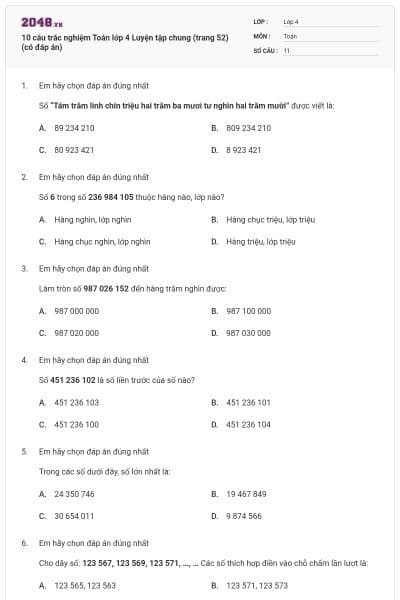10 câu trắc nghiệm Toán lớp 4 Luyện tập chung (trang 52) (có đáp án)