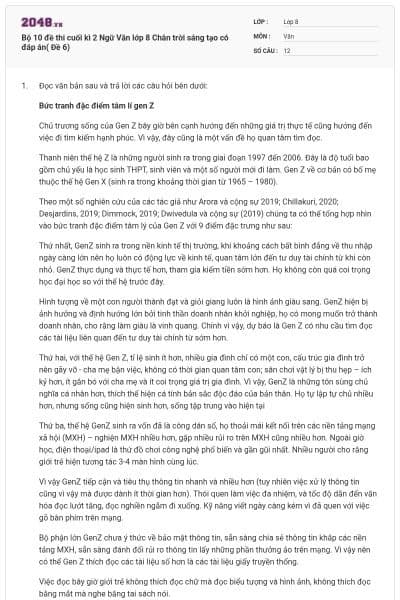 Bộ 10 đề thi cuối kì 2 Ngữ Văn lớp 8 Chân trời sáng tạo có đáp án( Đề 6)