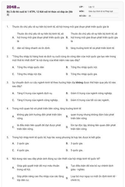 Bộ 3 đề thi cuối kì 1 KTPL 12 Kết nối tri thức có đáp án (Đề 3)