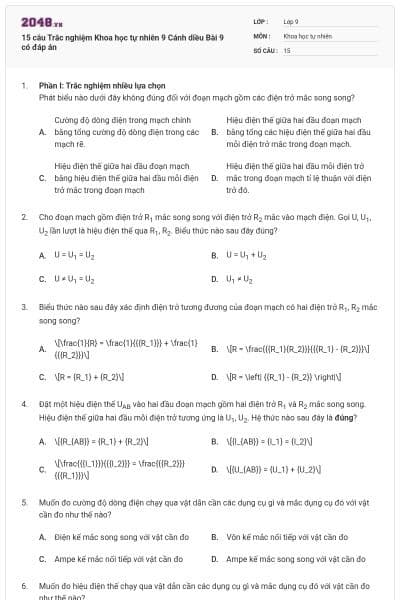 15 câu Trắc nghiệm Khoa học tự nhiên 9 Cánh diều Bài 9 có đáp án
