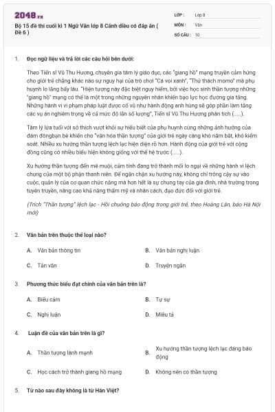 Bộ 15 đề thi cuối kì 1 Ngữ Văn lớp 8 Cánh diều có đáp án ( Đề 6 )