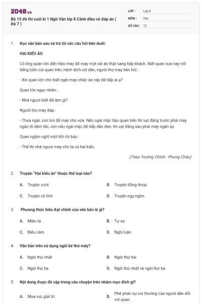 Bộ 15 đề thi cuối kì 1 Ngữ Văn lớp 8 Cánh diều có đáp án ( Đề 7 )