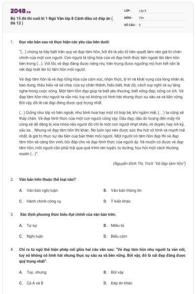 Bộ 15 đề thi cuối kì 1 Ngữ Văn lớp 8 Cánh diều có đáp án ( Đề 13 )