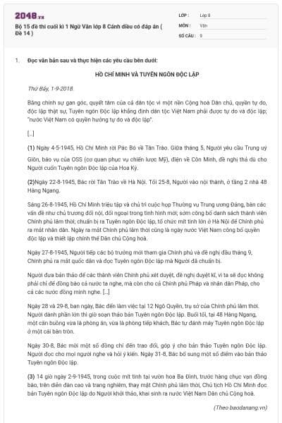 Bộ 15 đề thi cuối kì 1 Ngữ Văn lớp 8 Cánh diều có đáp án ( Đề 14 )