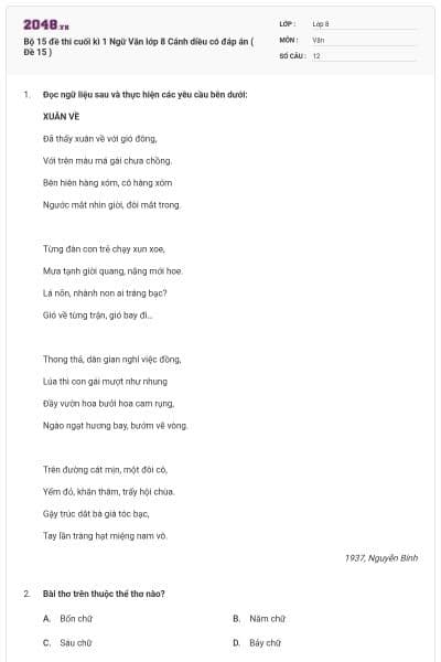 Bộ 15 đề thi cuối kì 1 Ngữ Văn lớp 8 Cánh diều có đáp án ( Đề 15 )