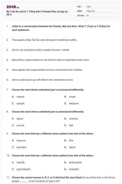 Bộ 5 đề thi cuối kì 1 Tiếng Anh 9 Friends Plus có đáp án - Đề 3