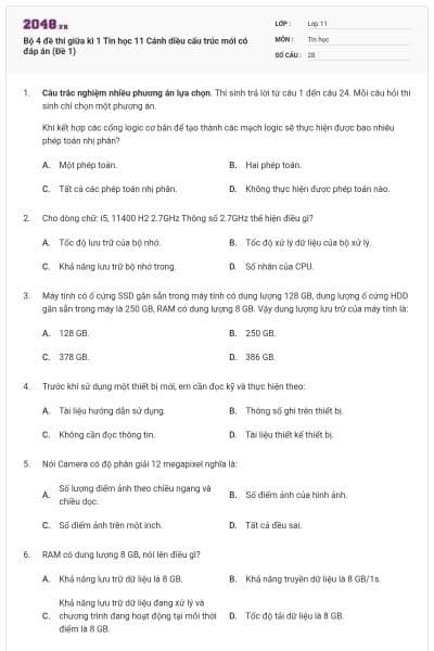 Bộ 4 đề thi giữa kì 1 Tin học 11 Cánh diều cấu trúc mới có đáp án (Đề 1)