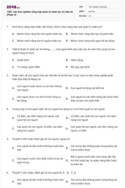 1087 câu trắc nghiệm tổng hợp quản trị nhân lực có đáp án (Phần 4)