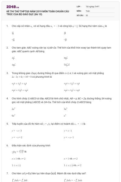ĐỀ THI THỬ THPTQG NĂM 2019 MÔN TOÁN CHUẨN CẤU TRÚC CỦA BỘ GIÁO DỤC (Đề 10)