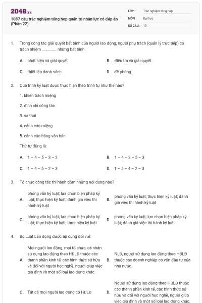 1087 câu trắc nghiệm tổng hợp quản trị nhân lực có đáp án (Phần 22)