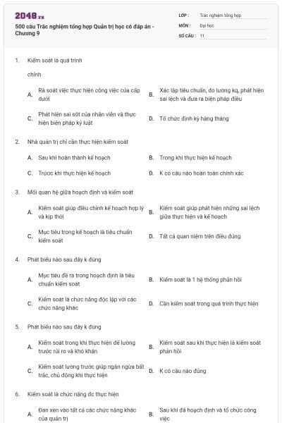 500 câu Trắc nghiệm tổng hợp Quản trị học có đáp án - Chương 9