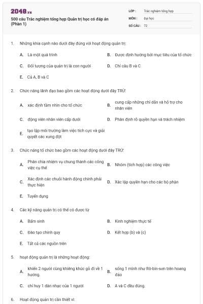500 câu Trắc nghiệm tổng hợp Quản trị học có đáp án (Phần 1)