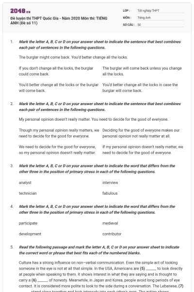 Đề luyện thi THPT Quốc Gia - Năm 2020 Môn thi: TIẾNG ANH (Đề số 11)
