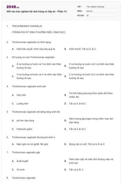 690 câu trắc nghiệm Ký sinh trùng có đáp án - Phần 14