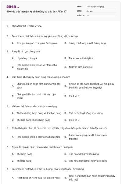 690 câu trắc nghiệm Ký sinh trùng có đáp án - Phần 17